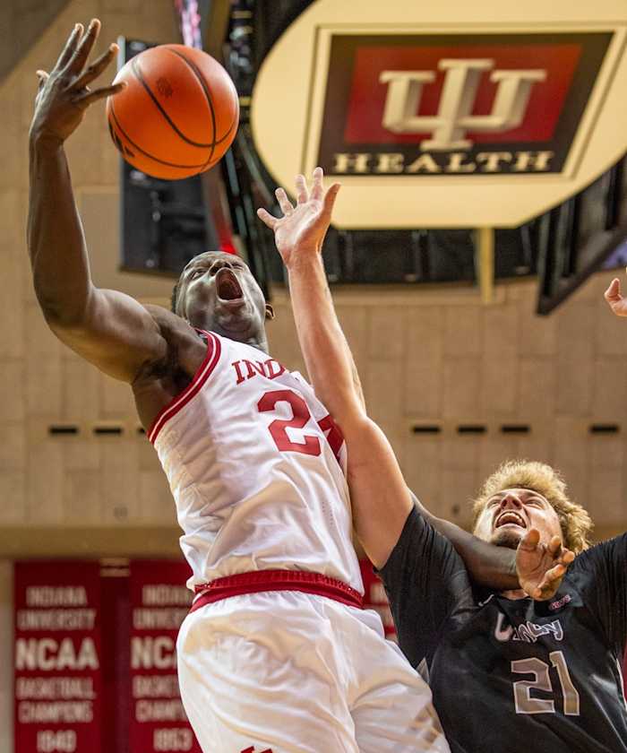 Indiana's Payton Sparks (24) grabs a rebound over University of Indianaplis' Julian Steindfeld (21) during the Indiana versus University of Indianapolis men's basketball game at Simon Skjodt Assembly Hall on Sunday, Oct. 29, 2023.